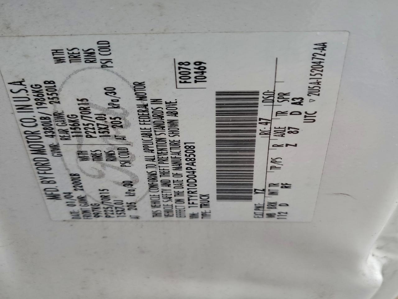 2004 Ford Ranger VIN: 1FTYR10D04PA85081 Lot: 94587885