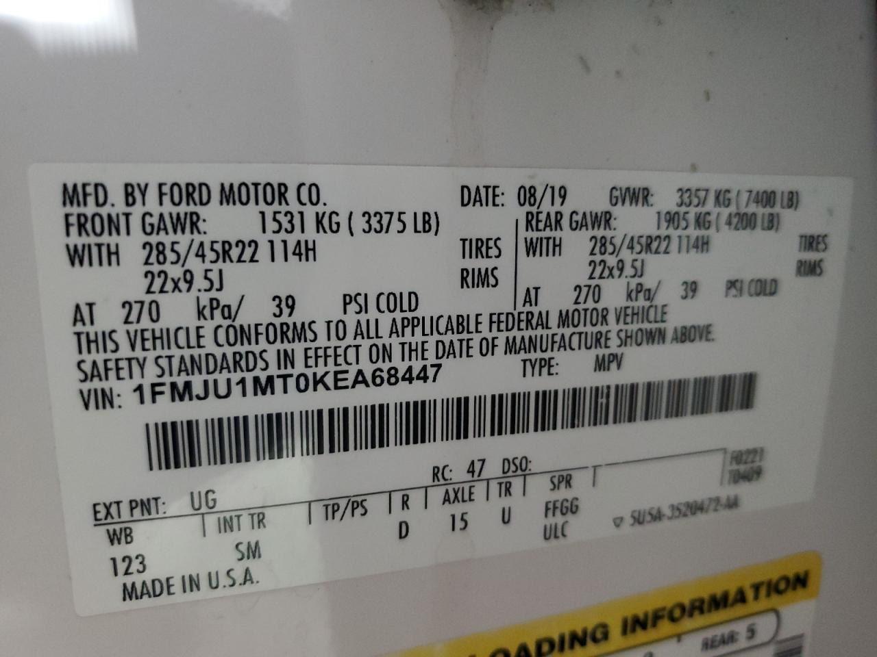 2019 Ford Expedition Platinum VIN: 1FMJU1MT0KEA68447 Lot: 92165665