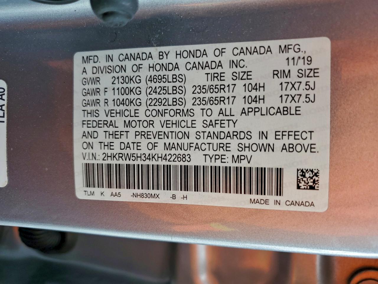 2019 Honda Cr-V Lx VIN: 2HKRW5H34KH422683 Lot: 94061355