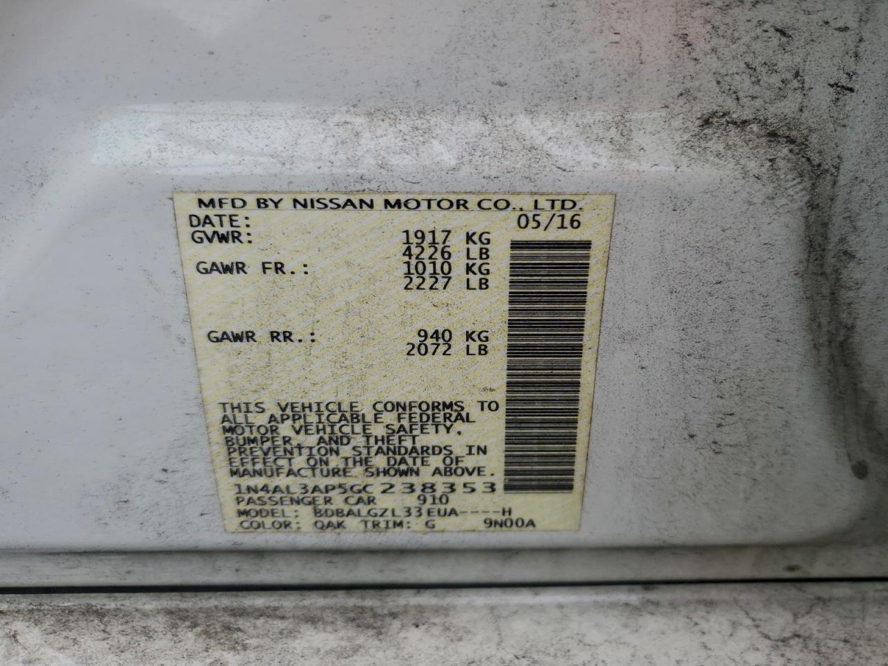 2016 Nissan Altima 2.5 VIN: 1N4AL3AP5GC238353 Lot: 93639465