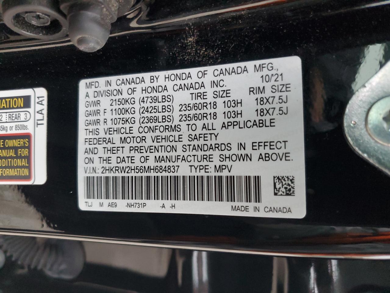 2021 Honda Cr-V Ex VIN: 2HKRW2H56MH684837 Lot: 90568975