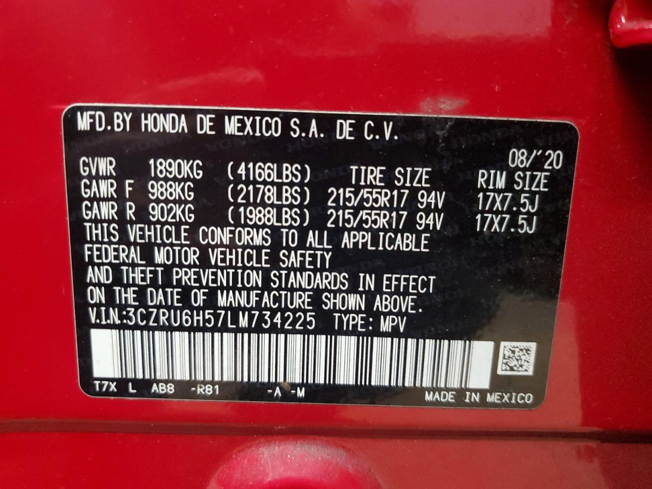 2020 Honda Hr-V Ex VIN: 3CZRU6H57LM734225 Lot: 90987035