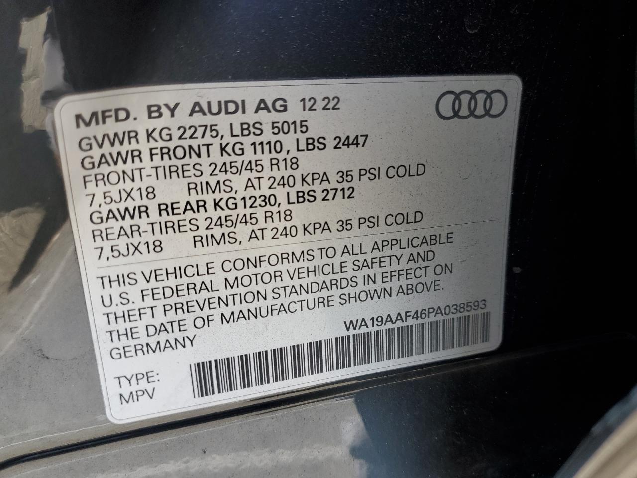 2023 Audi A4 Allroad Prestige VIN: WA19AAF46PA038593 Lot: 91603945