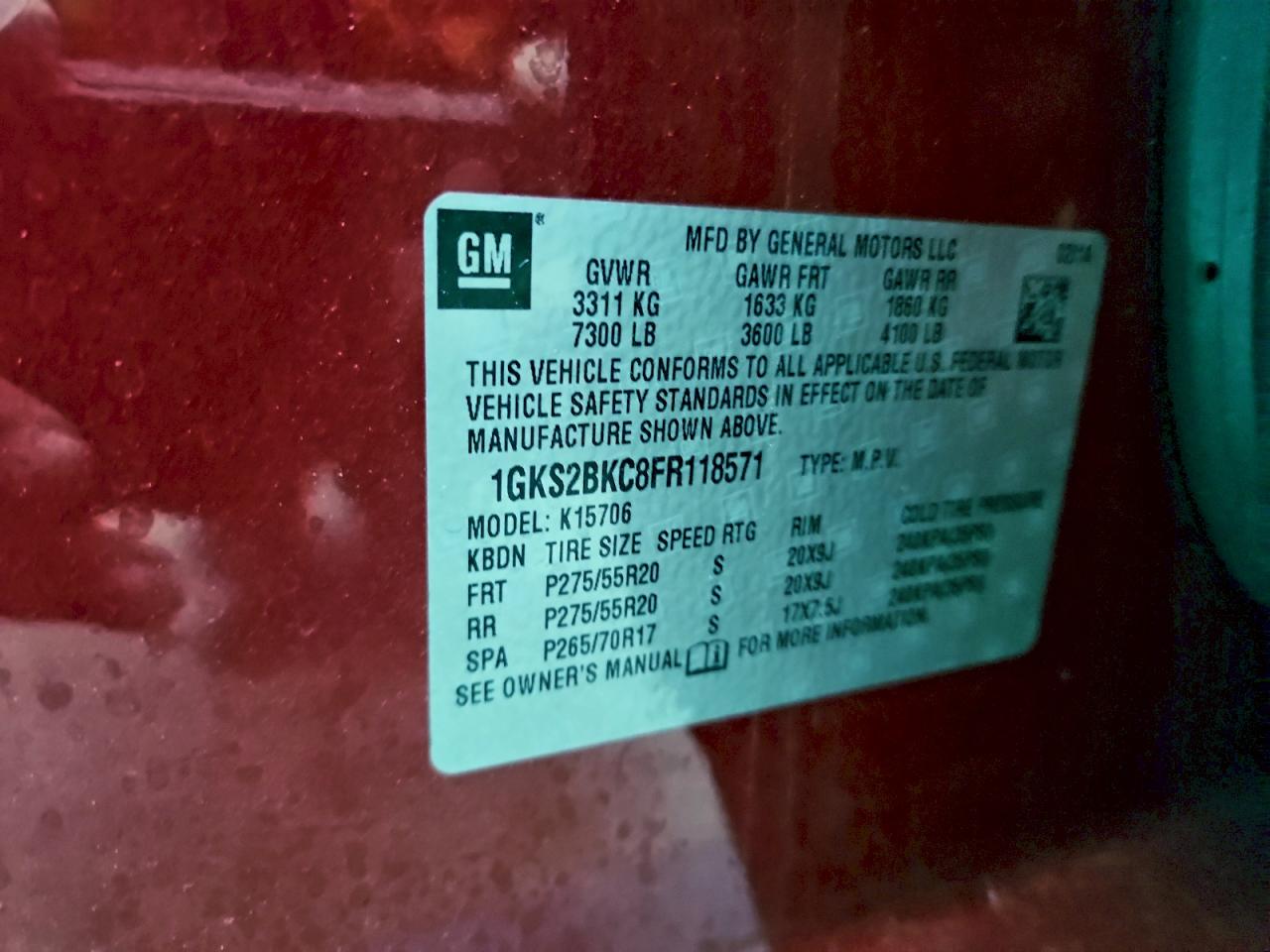 2015 GMC Yukon Slt VIN: 1GKS2BKC8FR118571 Lot: 94694995