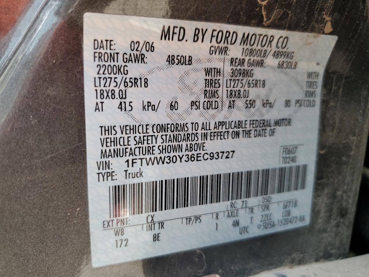 2006 Ford F350 Srw Super Duty VIN: 1FTWW30Y36EC93727 Lot: 93127705