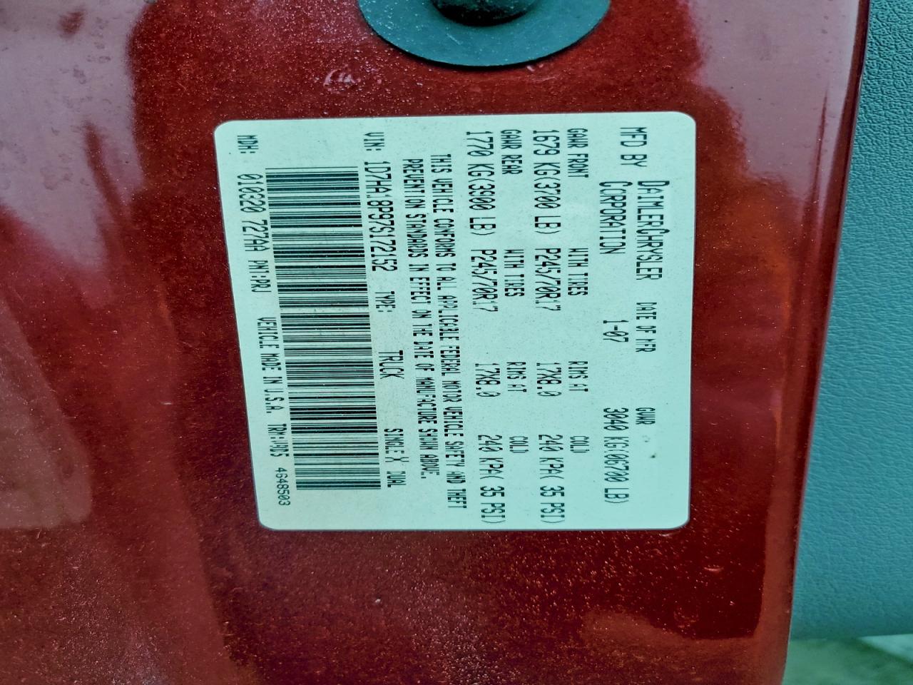 2007 Dodge Ram 1500 St VIN: 1D7HA18P97S172152 Lot: 92737115