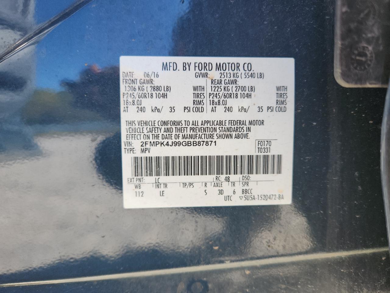 2016 Ford Edge Sel VIN: 2FMPK4J99GBB87871 Lot: 91483225