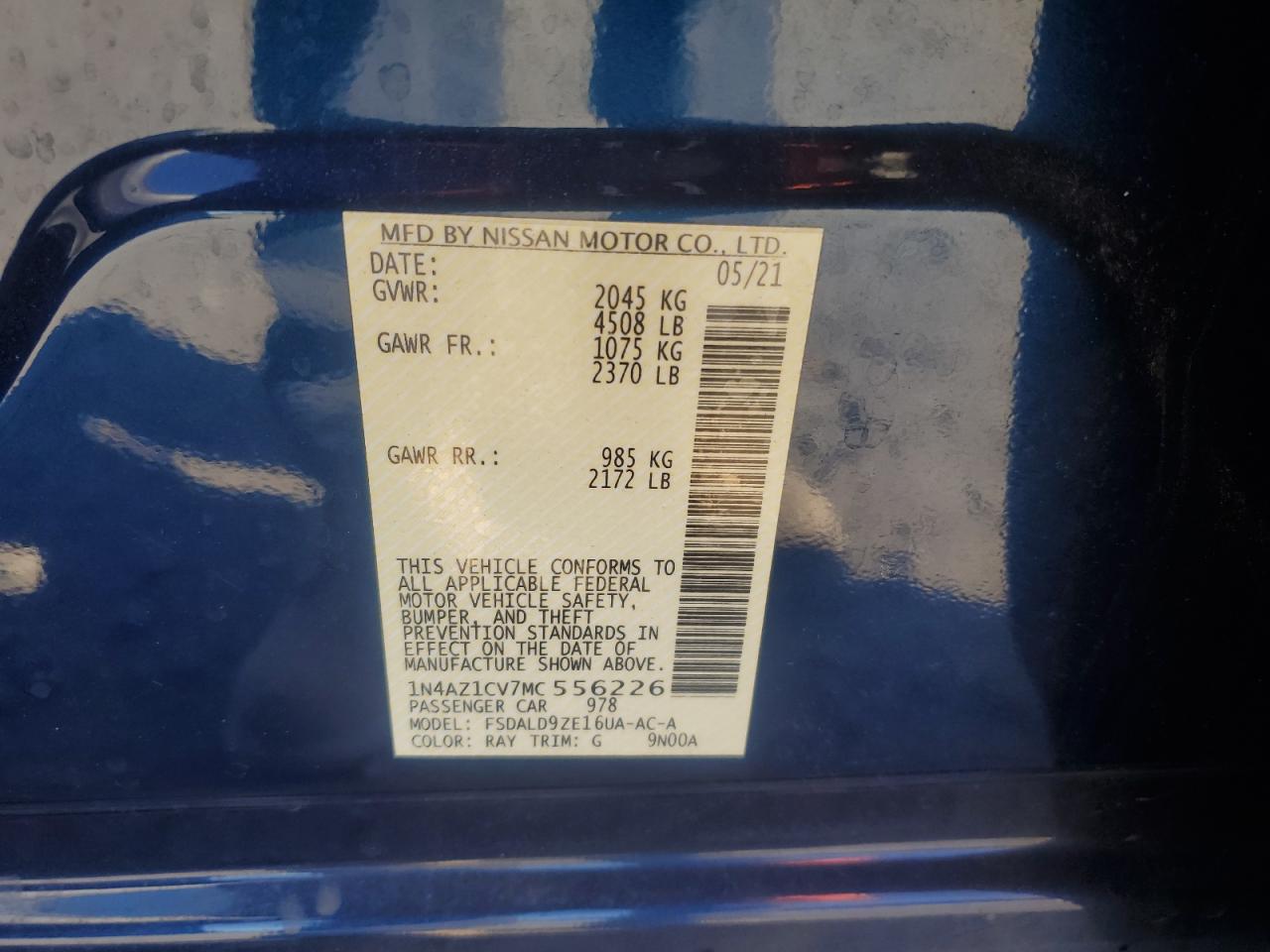 2021 Nissan Leaf Sv VIN: 1N4AZ1CV7MC556226 Lot: 92387215