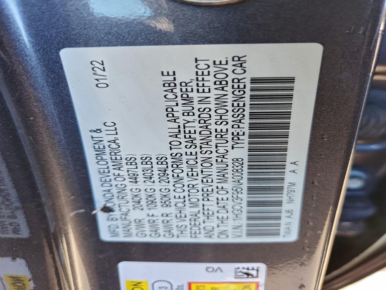 2022 Honda Accord Touring Hybrid VIN: 1HGCV3F95NA008328 Lot: 93904995