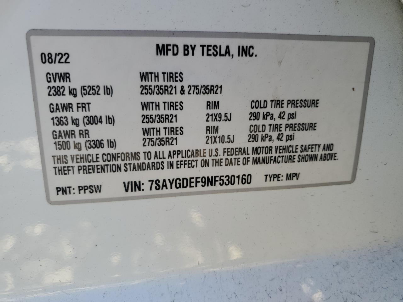 2022 Tesla Model Y VIN: 7SAYGDEF9NF530160 Lot: 90075955