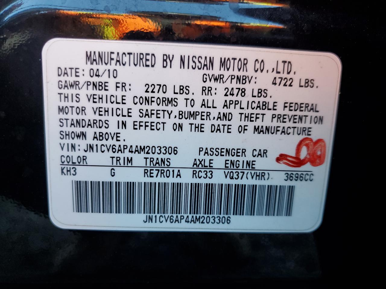 2010 Infiniti G37 Base VIN: JN1CV6AP4AM203306 Lot: 93533675