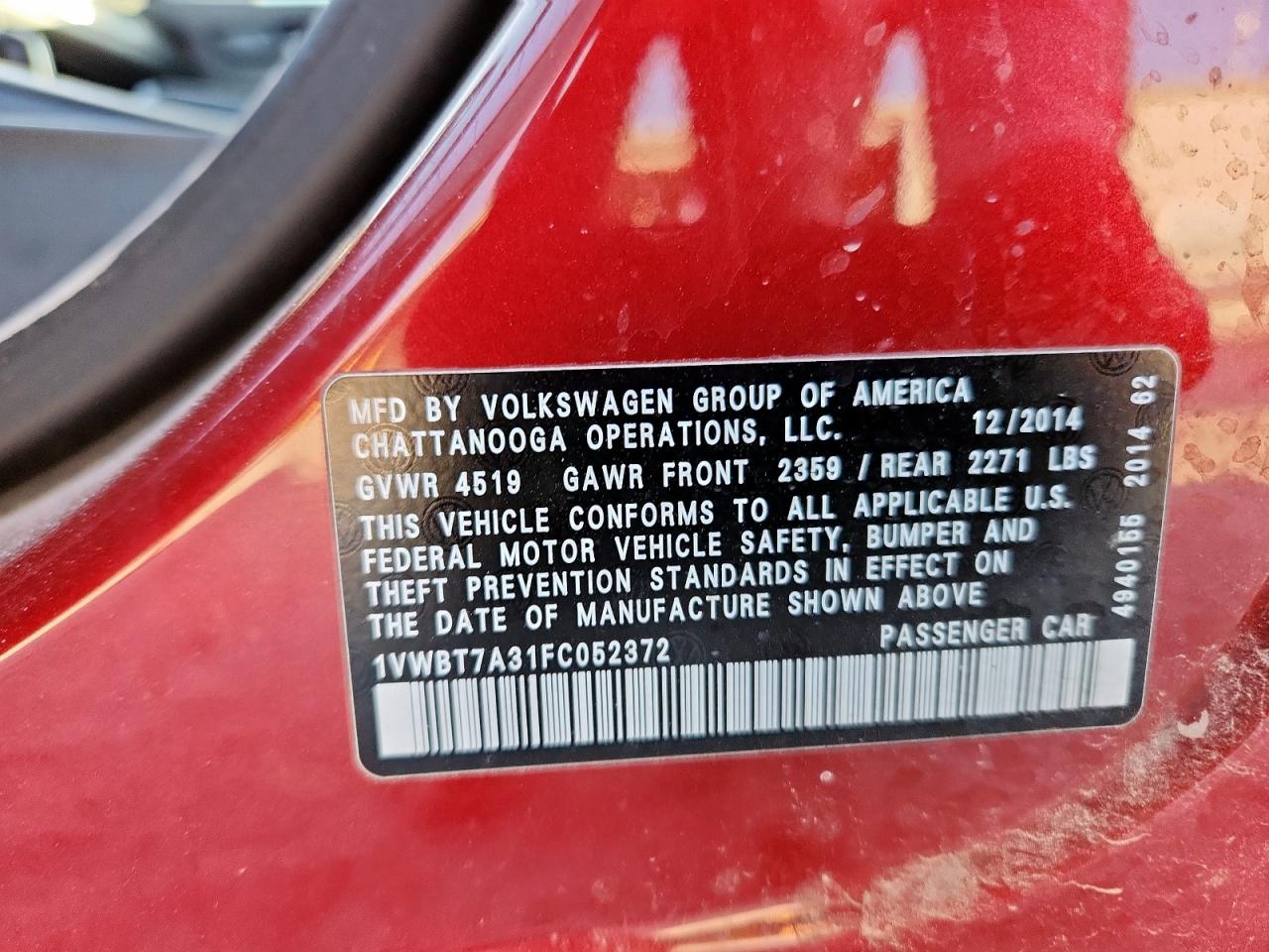 2015 Volkswagen Passat Se VIN: 1VWBT7A31FC052372 Lot: 92348255