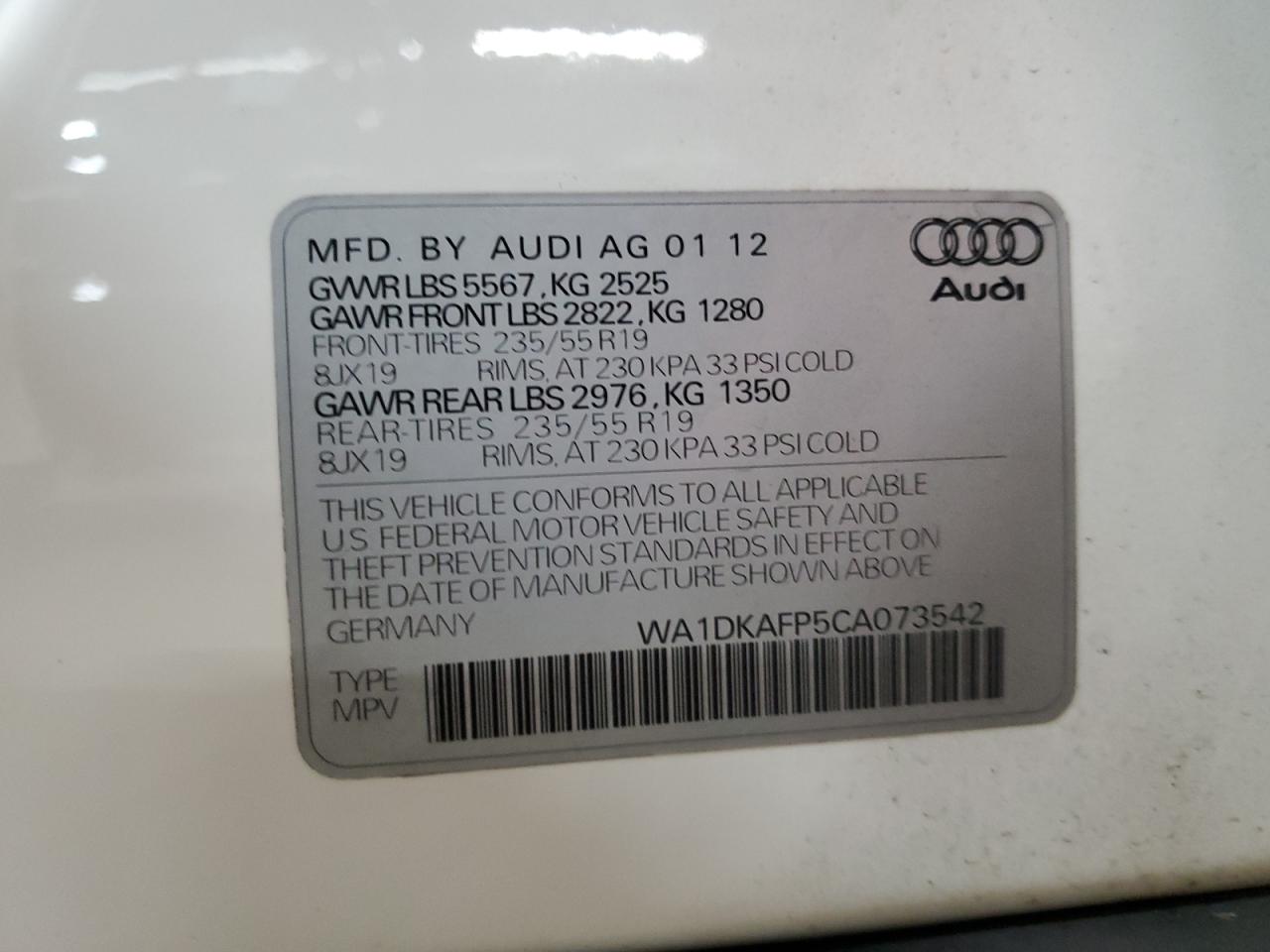 2012 Audi Q5 Premium Plus VIN: WA1DKAFP5CA073542 Lot: 92440355