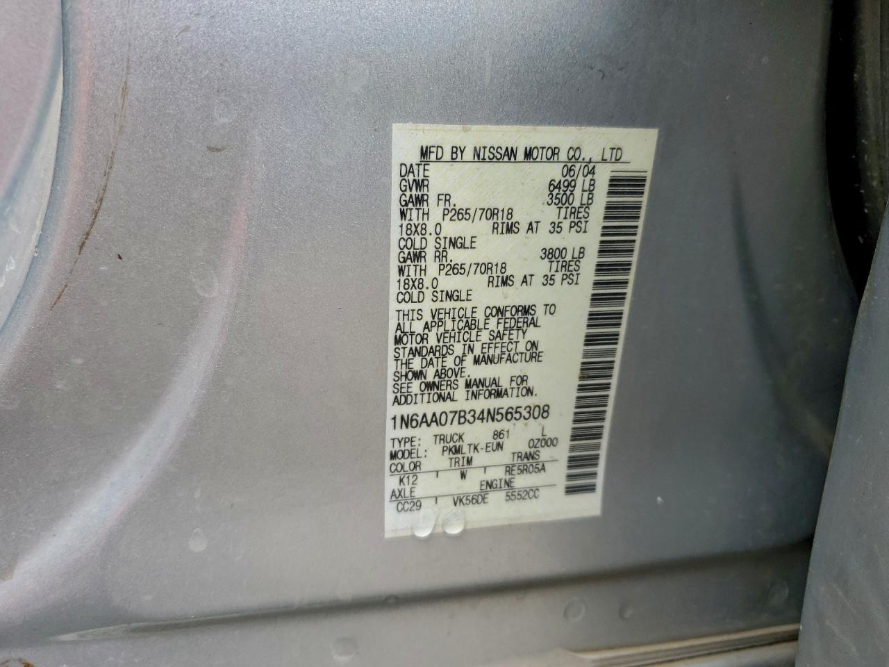 2004 Nissan Titan Xe VIN: 1N6AA07B34N565308 Lot: 93671435