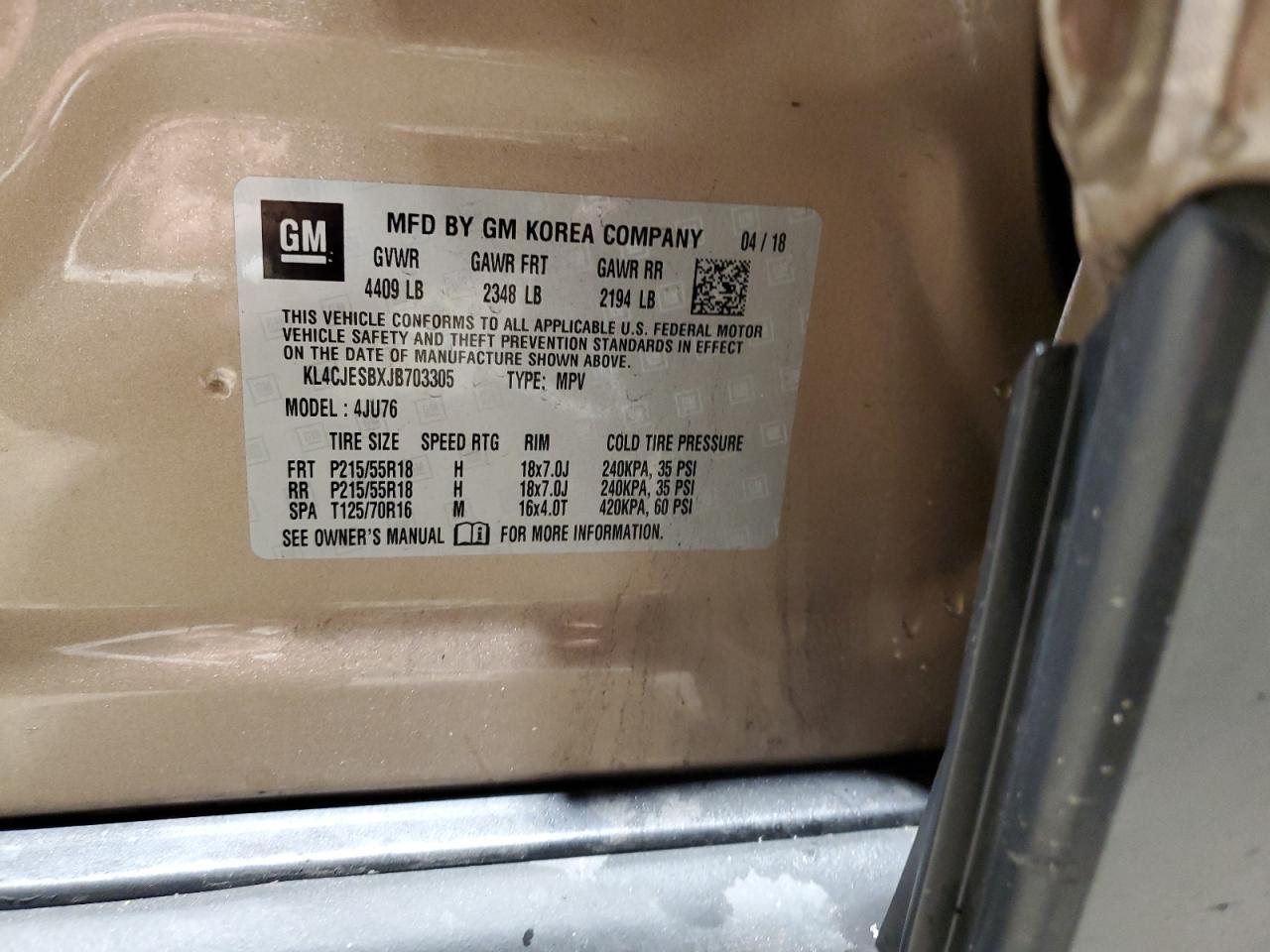 2018 Buick Encore Preferred VIN: KL4CJESBXJB703305 Lot: 93566175