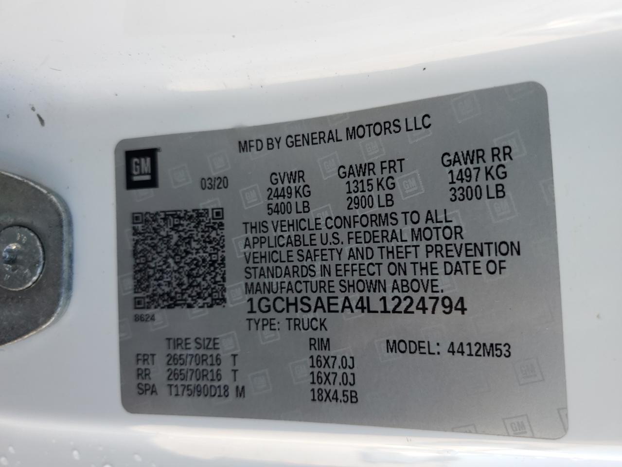 2020 Chevrolet Colorado VIN: 1GCHSAEA4L1224794 Lot: 94732275