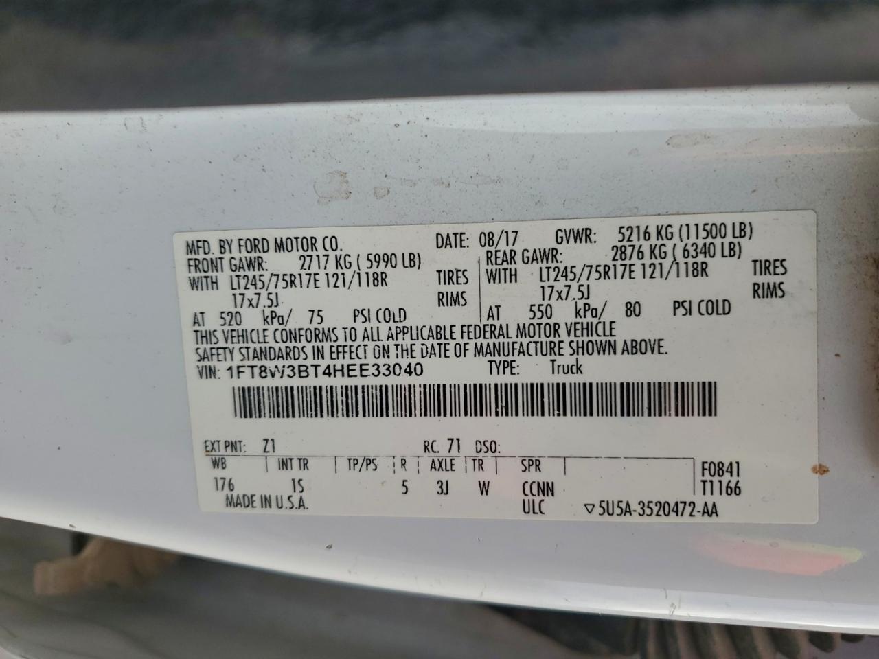 2017 Ford F350 Super Duty VIN: 1FT8W3BT4HEE33040 Lot: 93040325