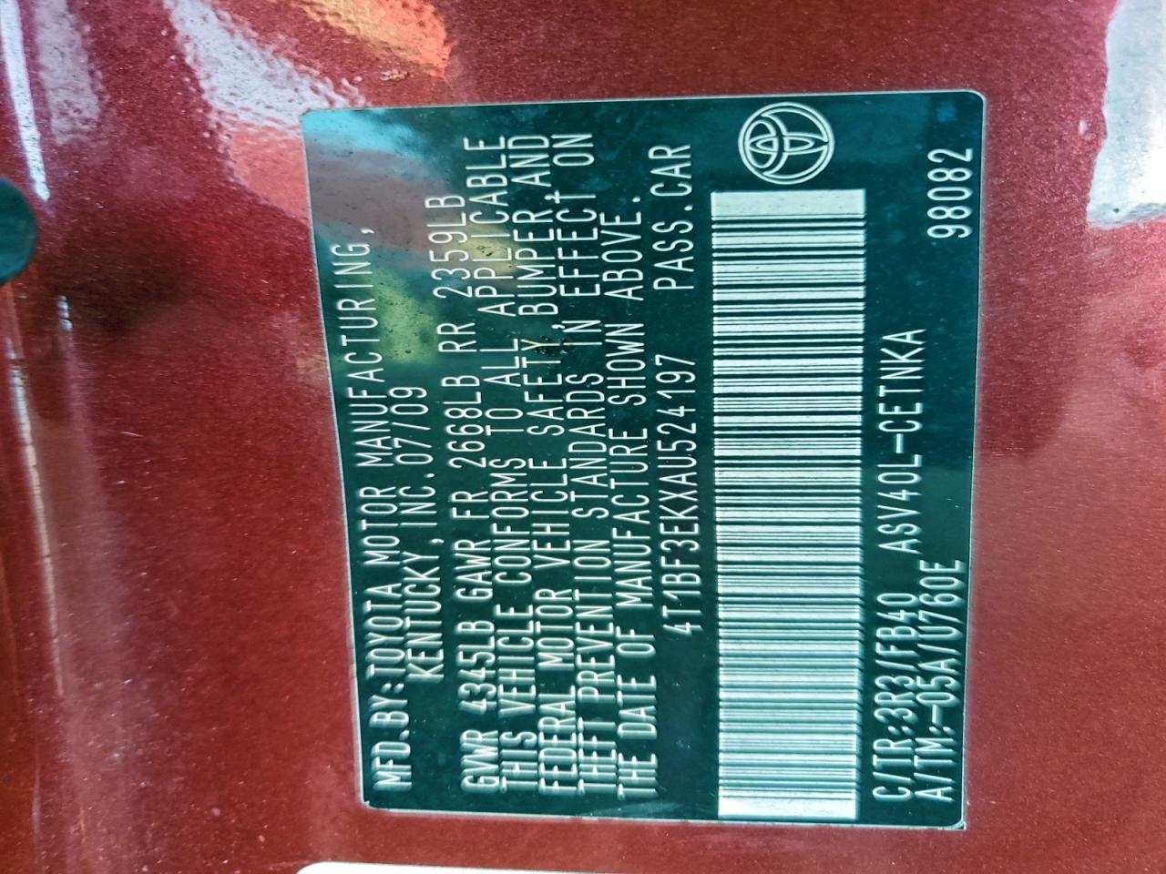 2010 Toyota Camry Base VIN: 4T1BF3EKXAU524197 Lot: 94263705