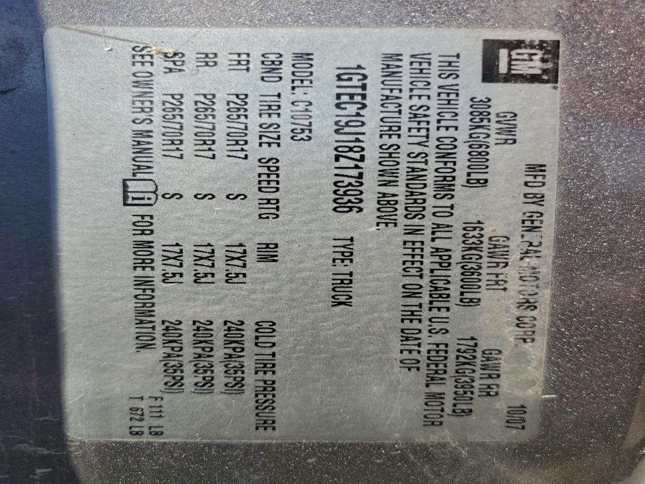 2008 GMC Sierra C1500 VIN: 1GTEC19J18Z173936 Lot: 93965995