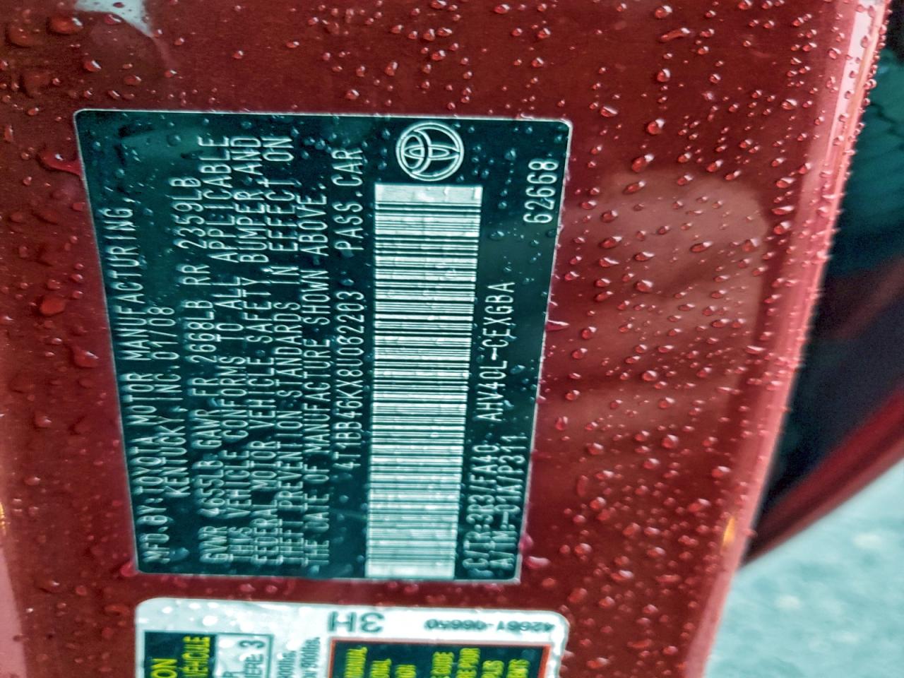 2008 Toyota Camry Hybrid VIN: 4T1BB46KX8U062203 Lot: 94124965