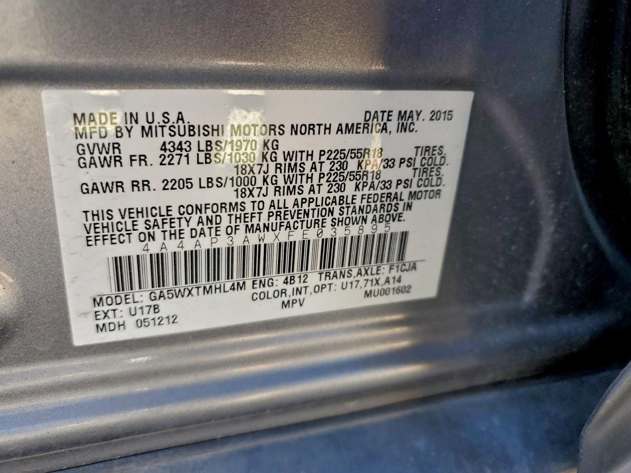 2015 Mitsubishi Outlander Sport Es VIN: 4A4AP3AWXFE035895 Lot: 94299765