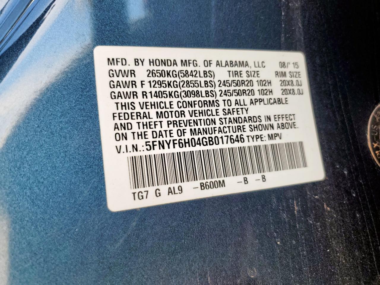2016 Honda Pilot Elite VIN: 5FNYF6H04GB017646 Lot: 92076065