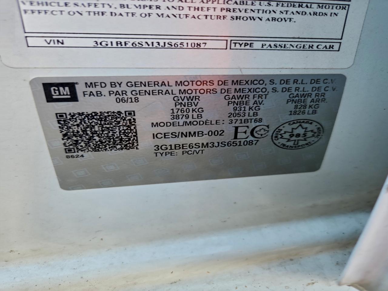 2018 Chevrolet Cruze Lt VIN: 3G1BE6SM3JS651087 Lot: 91690955