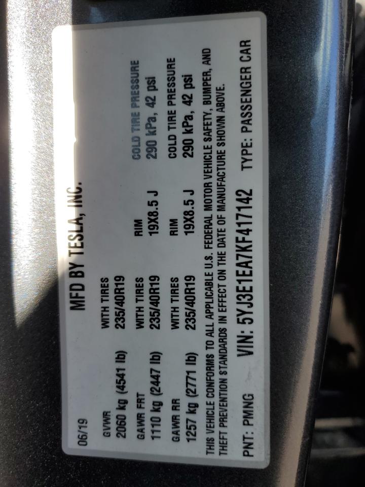 2019 Tesla Model 3 VIN: 5YJ3E1EA7KF417142 Lot: 93132545