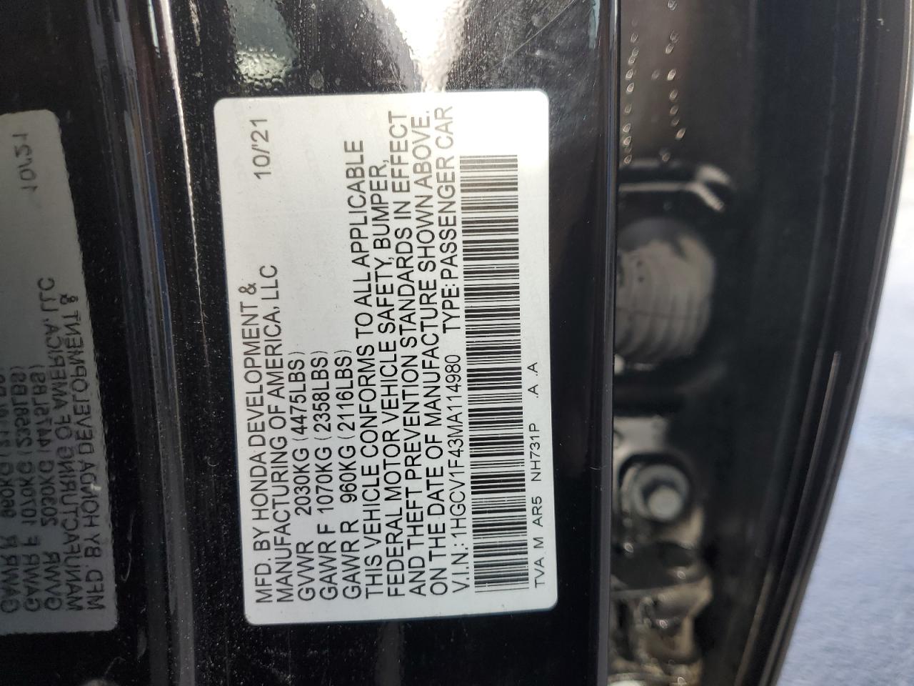 2021 Honda Accord Sport Se VIN: 1HGCV1F43MA114980 Lot: 93153015