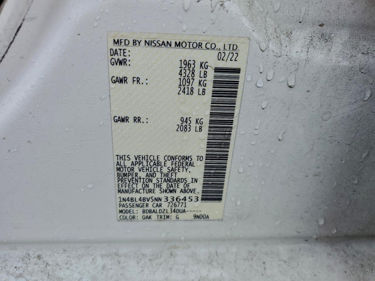 2022 Nissan Altima S VIN: 1N4BL4BV5NN336453 Lot: 94031165