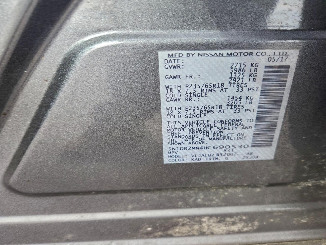 2017 Nissan Pathfinder S VIN: 5N1DR2MN4HC690530 Lot: 94593795