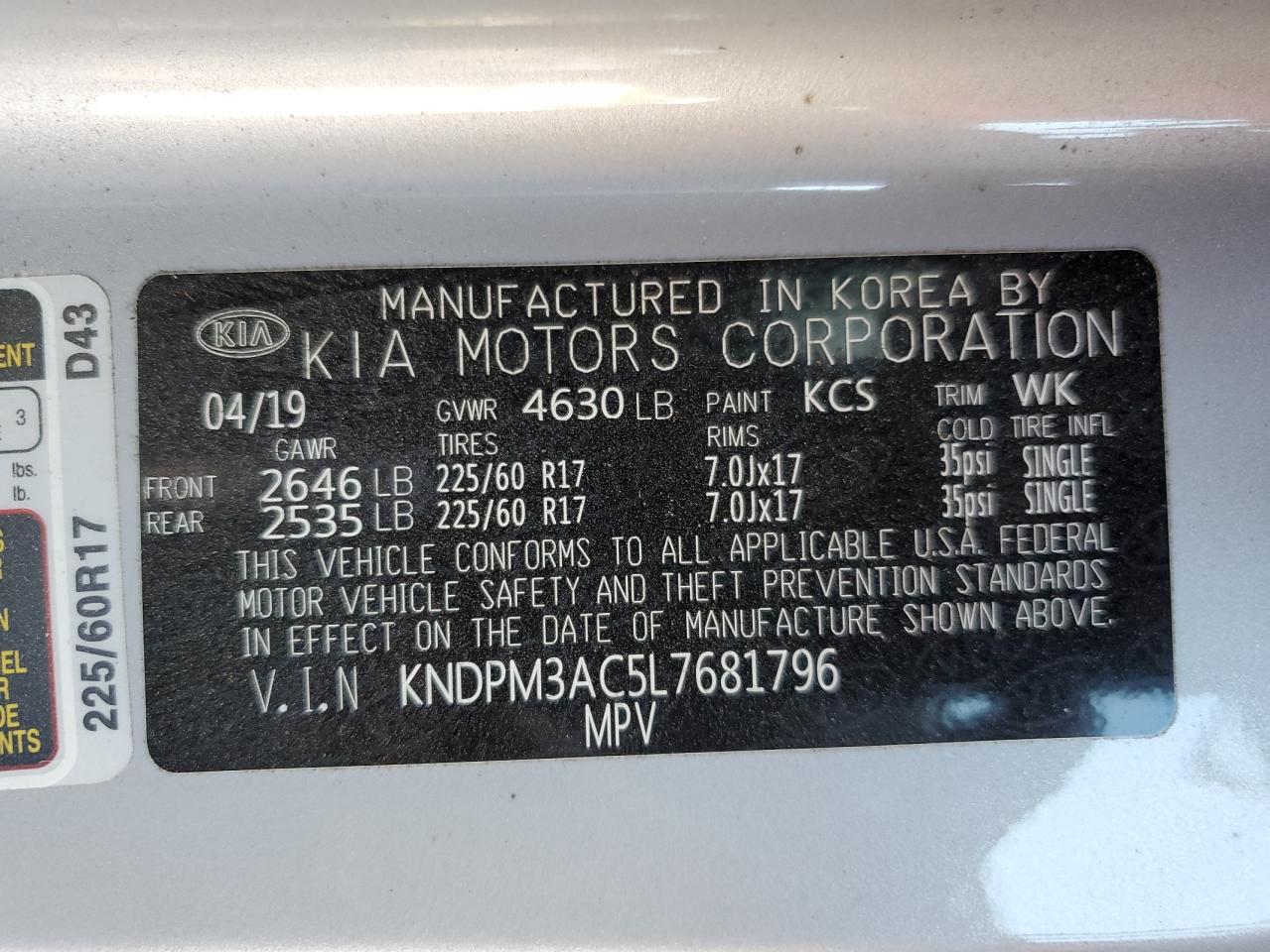 2020 Kia Sportage Lx VIN: KNDPM3AC5L7681796 Lot: 93457425