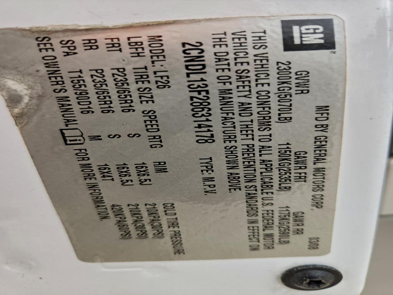 2008 Chevrolet Equinox Ls VIN: 2CNDL13F286314178 Lot: 92882625