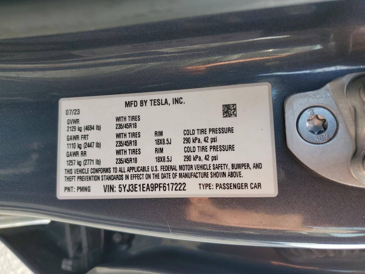 2023 Tesla Model 3 VIN: 5YJ3E1EA9PF617222 Lot: 92306205