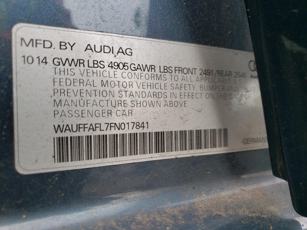 2015 Audi A4 Premium Plus VIN: WAUFFAFL7FN017841 Lot: 92190725