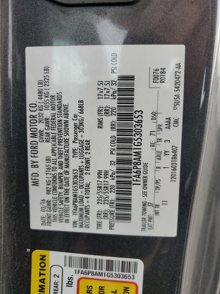 2016 Ford Mustang VIN: 1FA6P8AM1G5303653 Lot: 92435585
