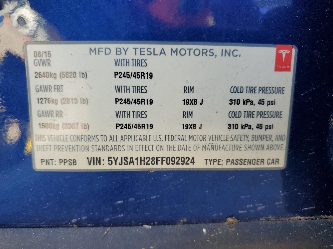 2015 Tesla Model S 85D VIN: 5YJSA1H28FF092924 Lot: 91799565