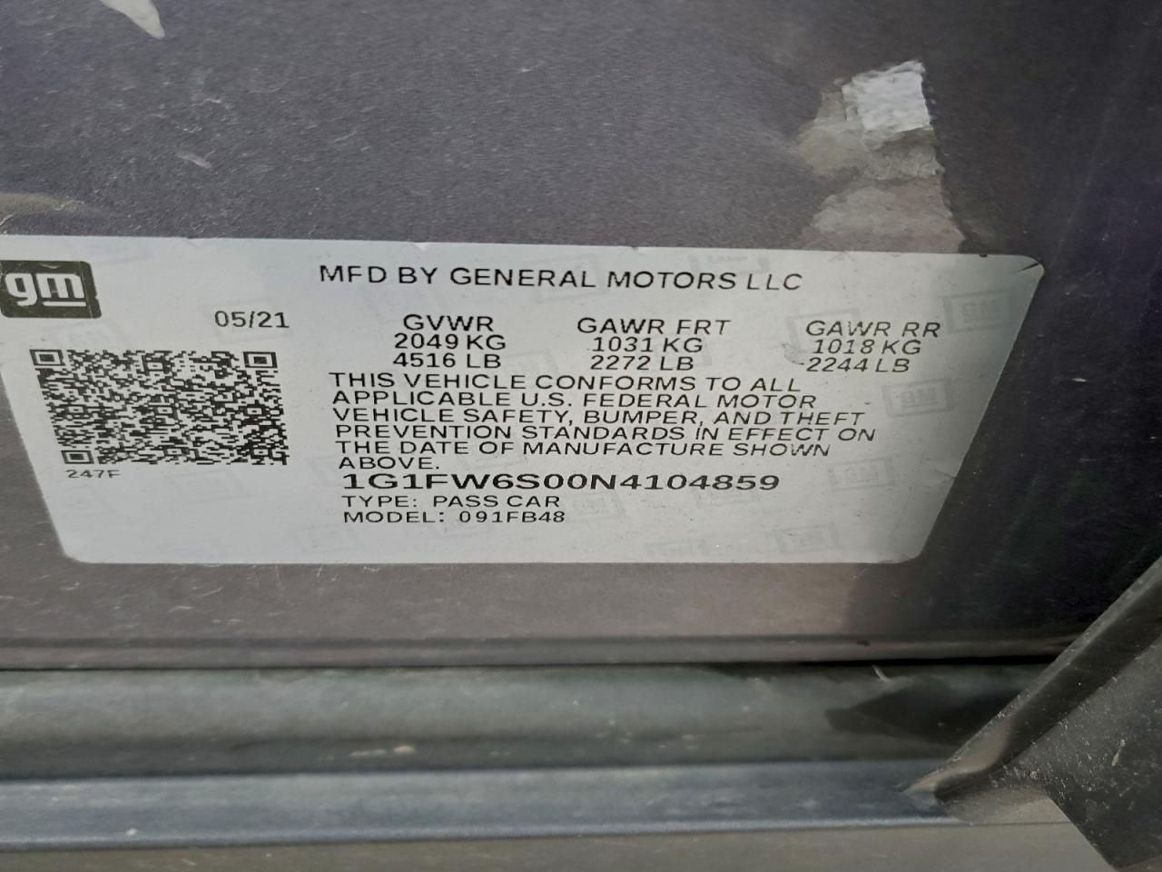 2022 Chevrolet Bolt Ev 1Lt VIN: 1G1FW6S00N4104859 Lot: 94059175