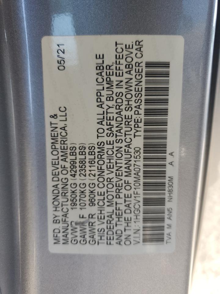 2021 Honda Accord Lx VIN: 1HGCV1F10MA071530 Lot: 92824295