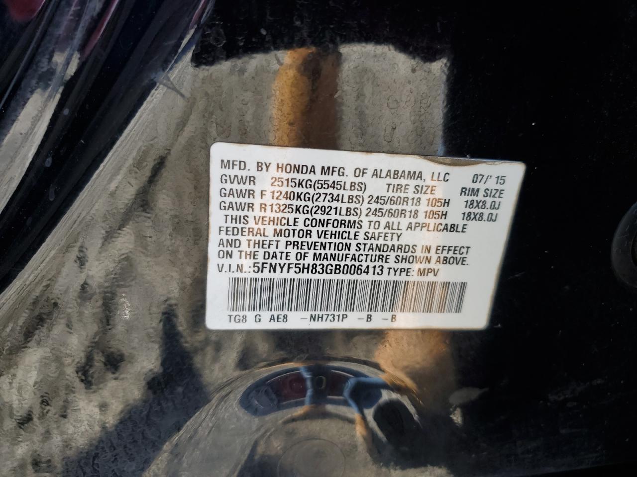 2016 Honda Pilot Exl VIN: 5FNYF5H83GB006413 Lot: 91899605