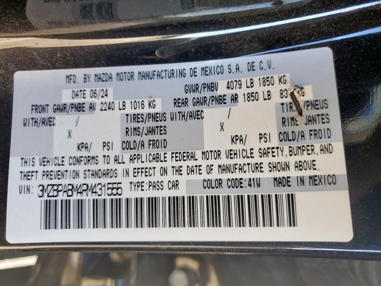 2024 Mazda 3 Select Sport VIN: 3MZBPABM4RM431555 Lot: 93018505