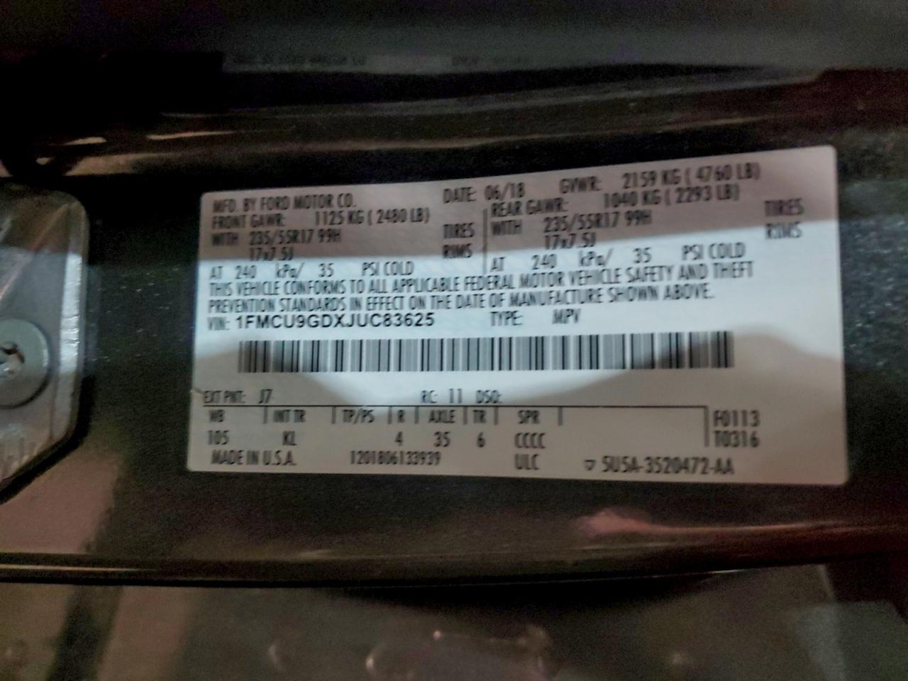 2018 Ford Escape Se VIN: 1FMCU9GDXJUC83625 Lot: 94086385