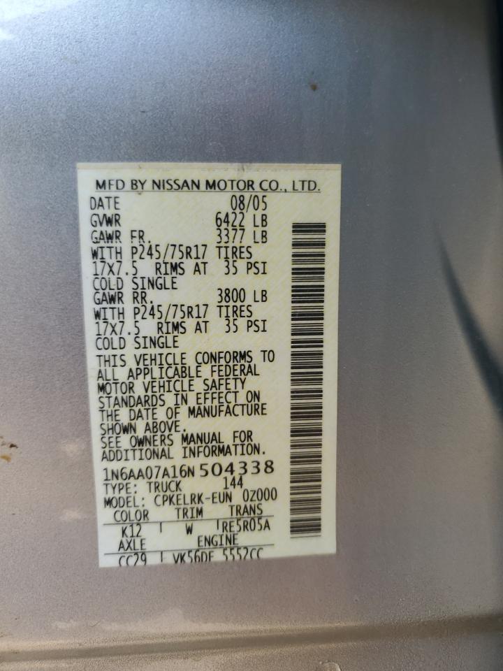 2006 Nissan Titan Xe VIN: 1N6AA07A16N504338 Lot: 91037565