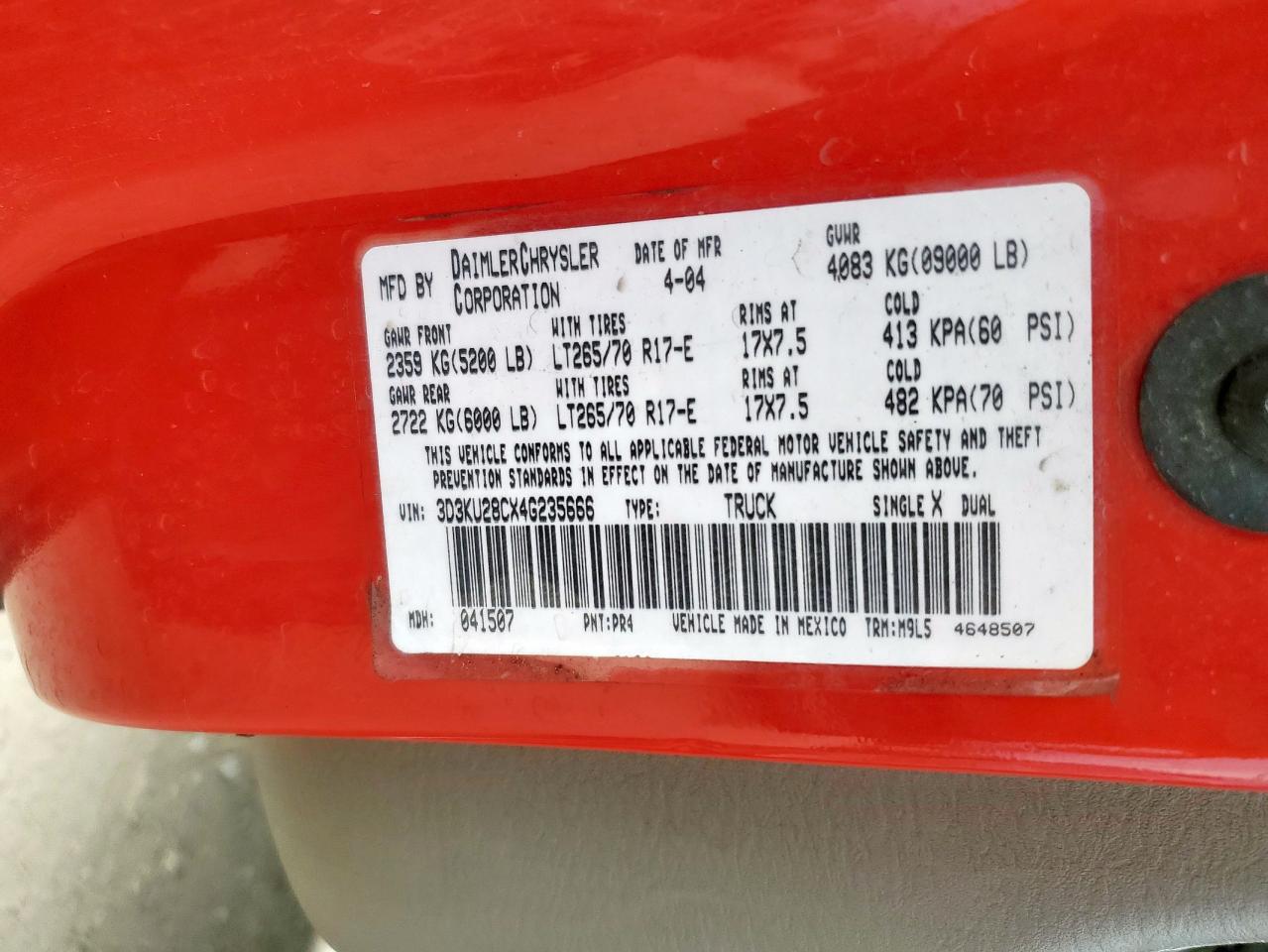 2004 Dodge Ram 2500 St VIN: 3D3KU28CX4G235666 Lot: 93041325