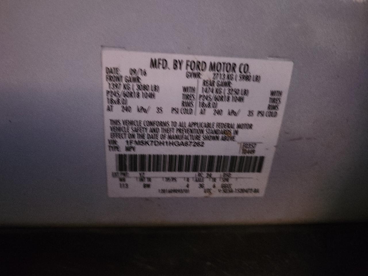 2017 Ford Explorer Xlt VIN: 1FM5K7DH1HGA67262 Lot: 91054385