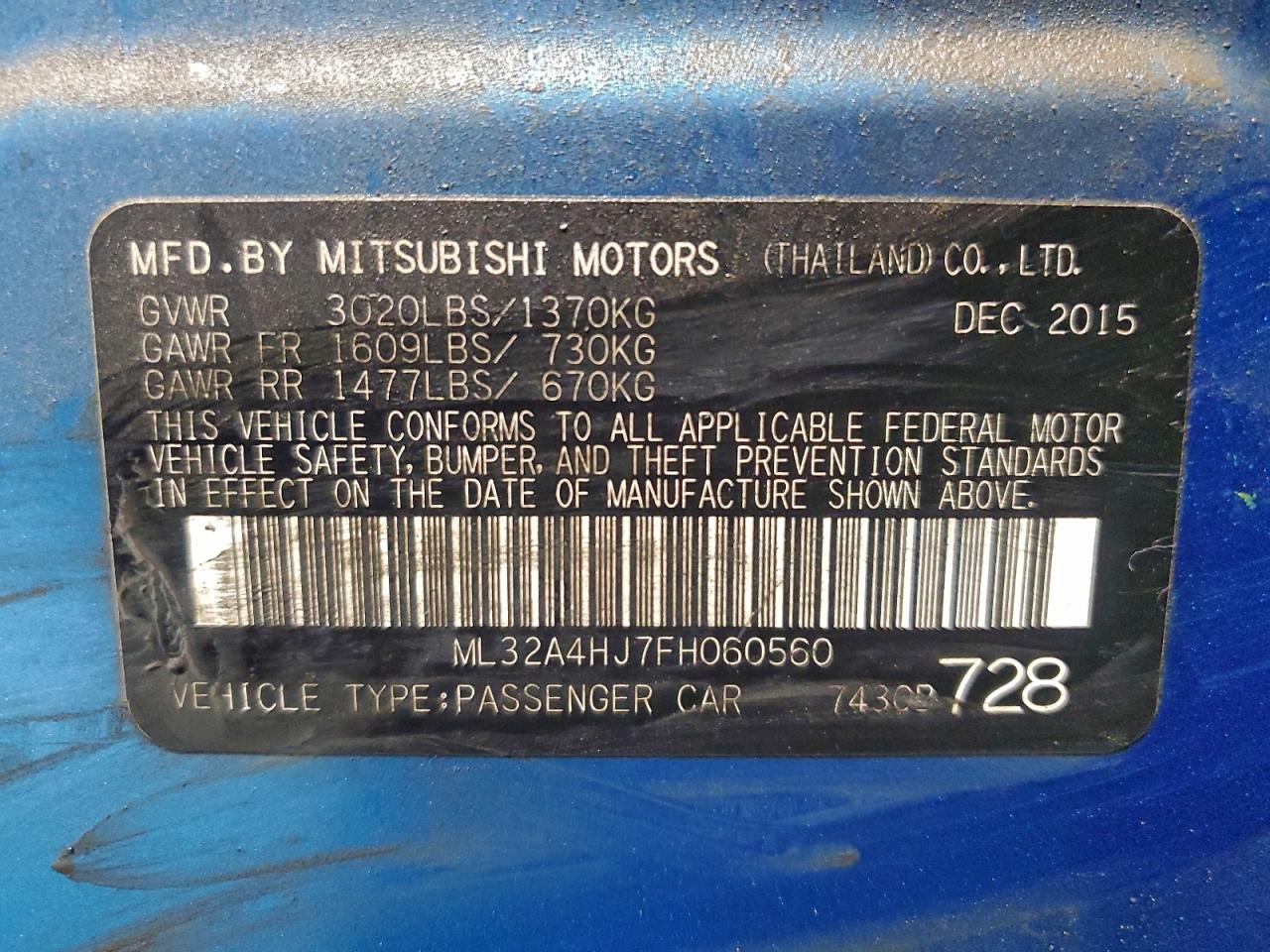 2015 Mitsubishi Mirage Es VIN: ML32A4HJ7FH060560 Lot: 94490525