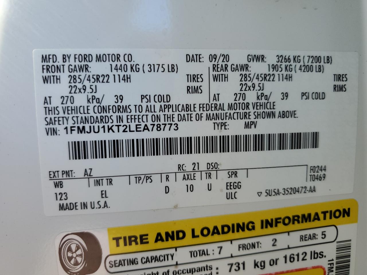 2020 Ford Expedition Limited VIN: 1FMJU1KT2LEA78773 Lot: 91823955