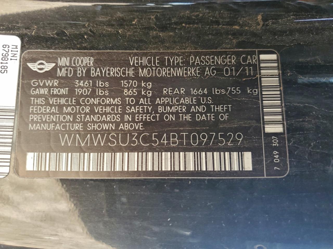 2011 Mini Cooper VIN: WMWSU3C54BT097529 Lot: 92713655