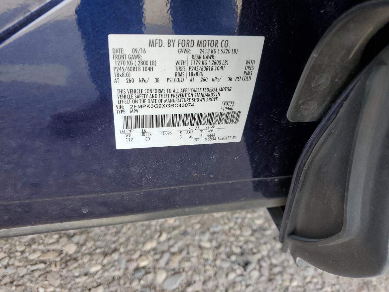 2016 Ford Edge Se VIN: 2FMPK3G9XGBC43074 Lot: 93351355