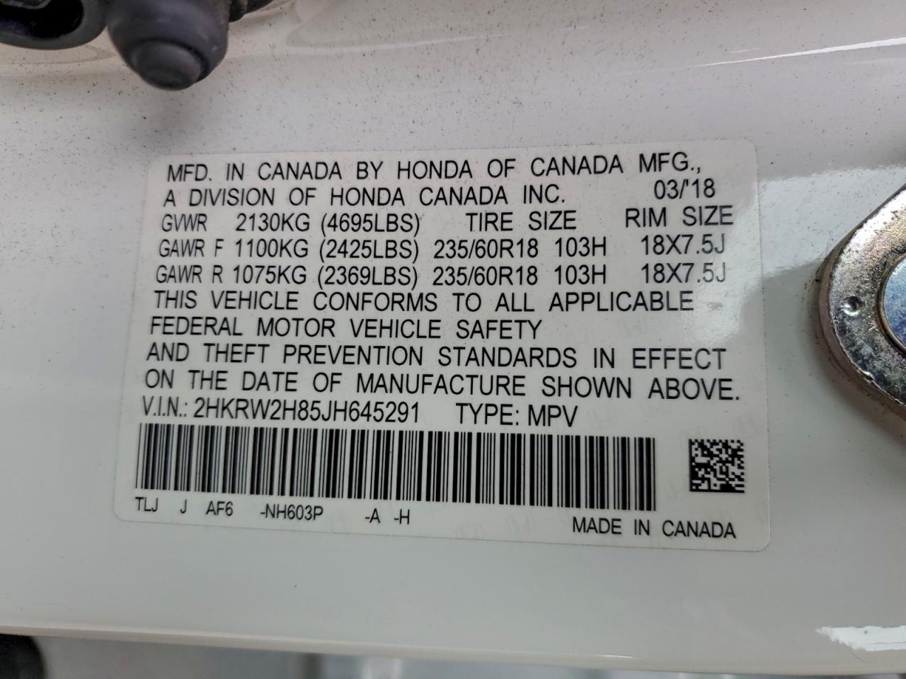 2018 Honda Cr-V Exl VIN: 2HKRW2H85JH645291 Lot: 93546015